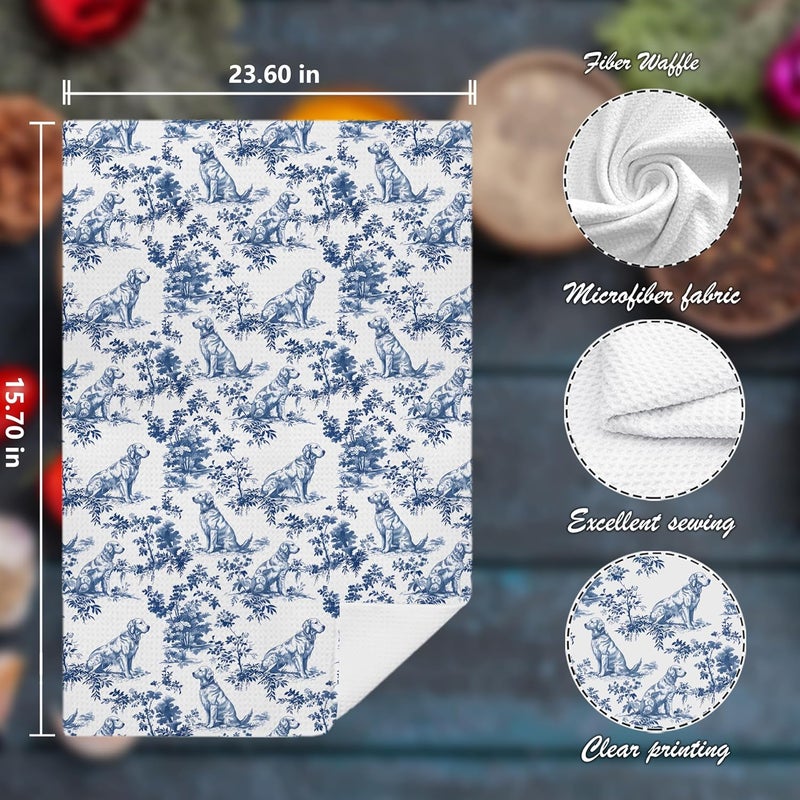 Nipil Nipi Chinoiserie Golden Retriever Kitchen Towels Set of 2,Blue And White Floral Golden Retriever Decorative Dish Tea Towels,Grandmillennial Botanical Dog Hand Towels for Kitchen Bathroom, 16x24 Inch - Image 2